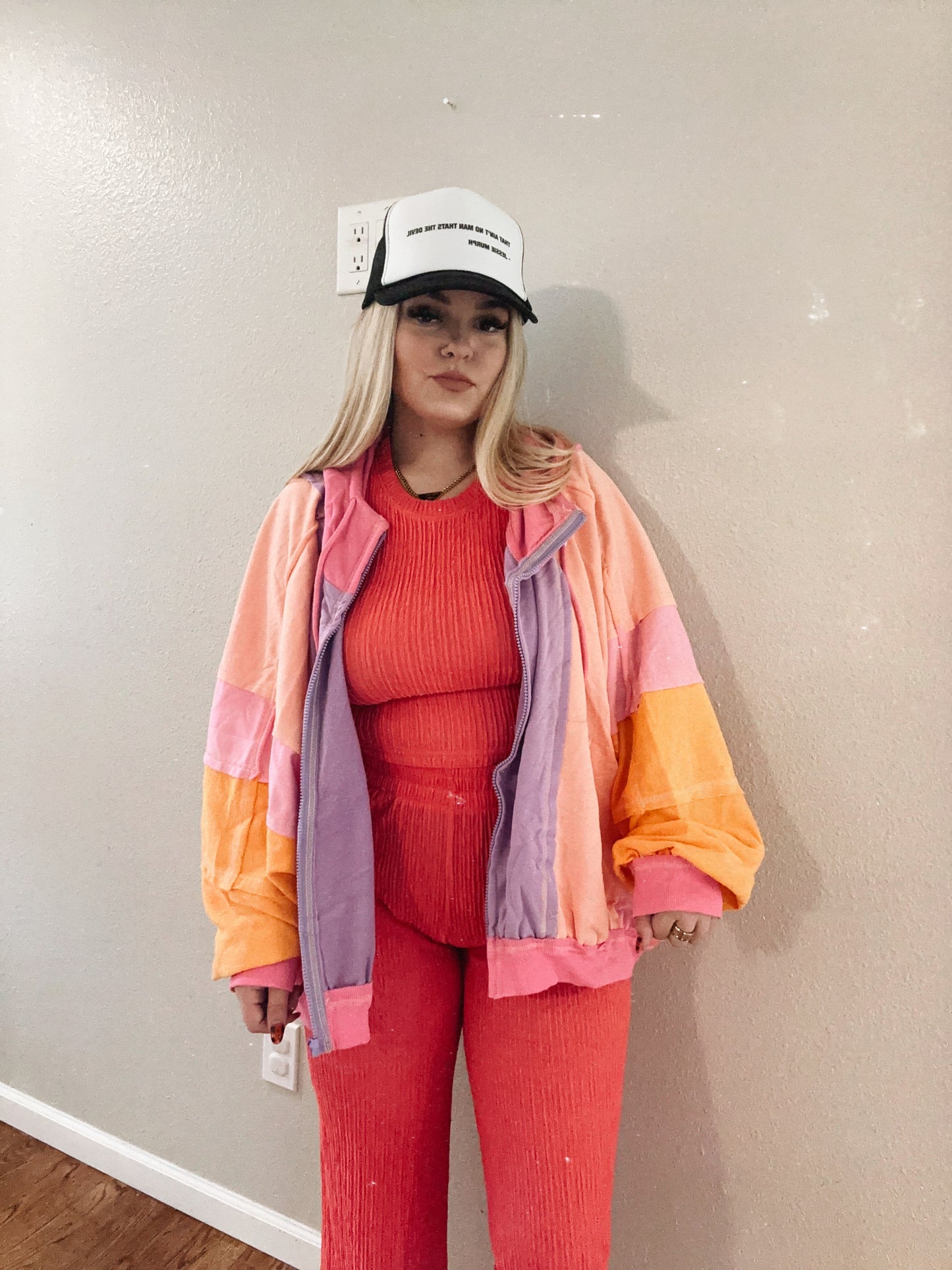 retro color block zip up