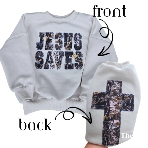 jesus saves camo crewneck | handmade